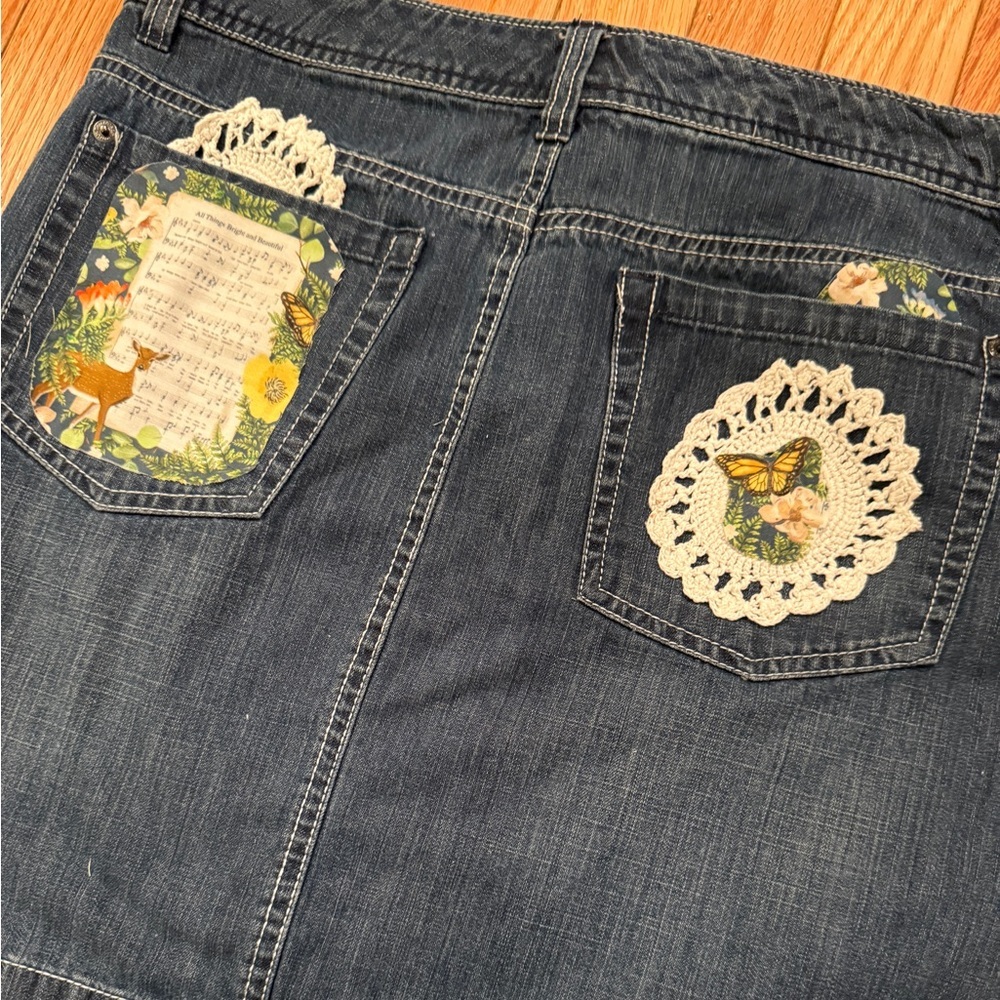 UPcycled Denim Skirt Crochet Pocket Accents Nature Spring Easter Cottage